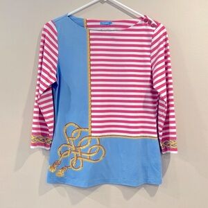 🔥J McLaughlin Striped Blue and Pink Top with Gold Accents🔥